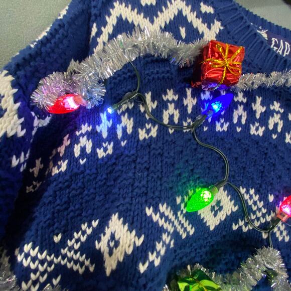 GAP‎ Chunky Knit Holiday Light Up Sweater Ugly Christmas 1986-2016 Blue & White - Picture 3 of 10